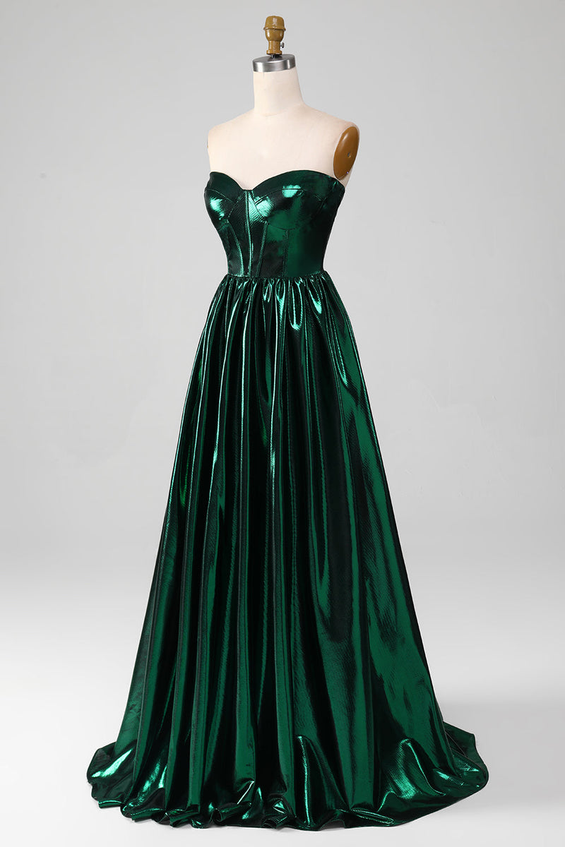 Load image into Gallery viewer, Glitter Dark Green Corset Metallic Long Prom Dress