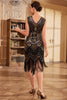 Load image into Gallery viewer, V-Neck Sequins Black Golden 1920s Party Dress with Fringe