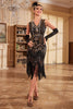 Load image into Gallery viewer, V-Neck Sequins Black Golden 1920s Party Dress with Fringe