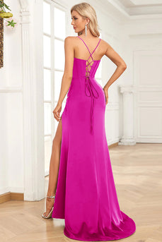 Fuchsia Mermaid Spaghetti Straps Satin Prom Dress with Split Front