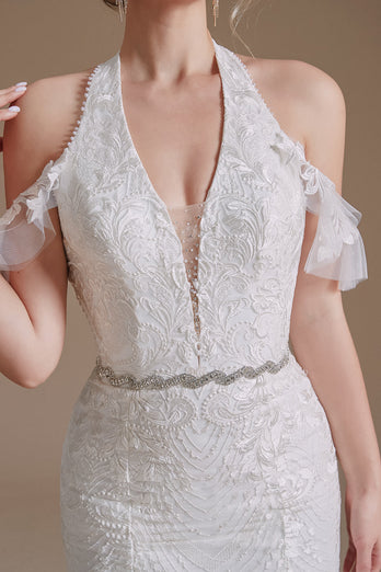 White Mermaid Halter Sweep Train Wedding Dress with Lace