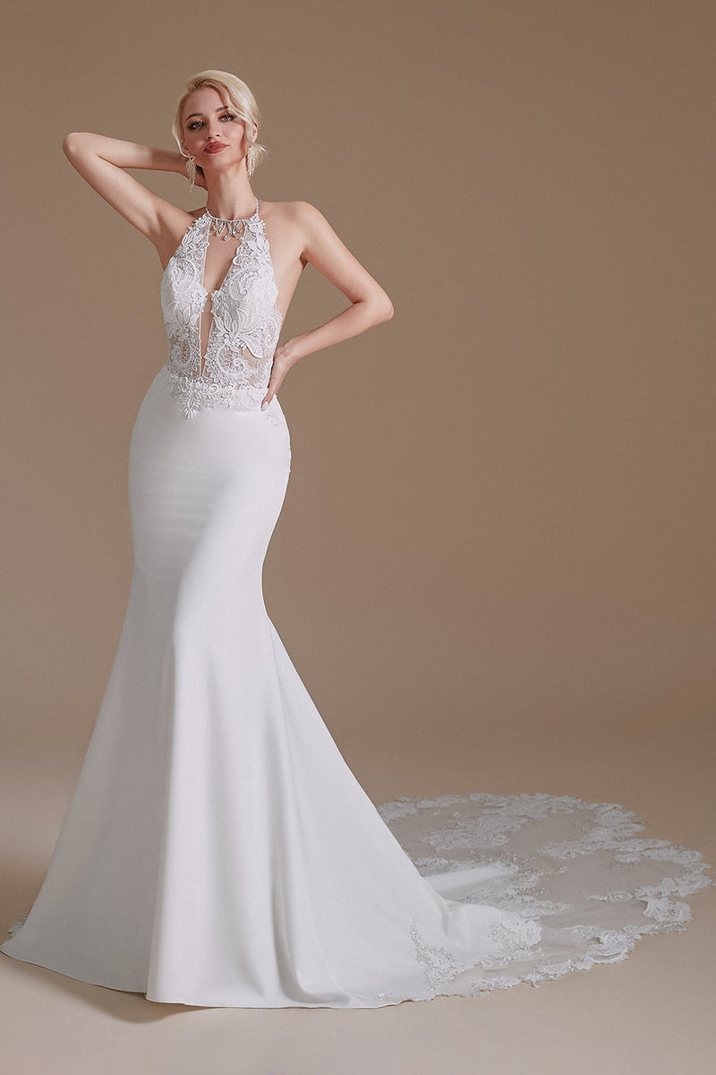 Load image into Gallery viewer, White Mermaid Halter Backless Sweep Train Wedding Dress with Lace