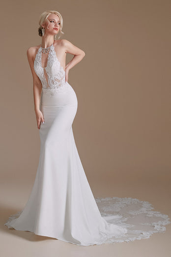 White Mermaid Halter Backless Sweep Train Wedding Dress with Lace