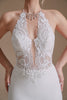 Load image into Gallery viewer, White Mermaid Halter Backless Sweep Train Wedding Dress with Lace