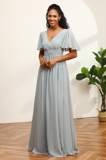 Grey V-Neck Chiffon A-Line Bridesmaid Dress