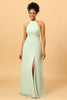 Load image into Gallery viewer, Dusty Sage Long Chiffon Bridesmaid Dress with Slit