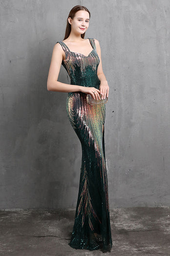 Gold Mermaid Sequin V Neck Prom Dress