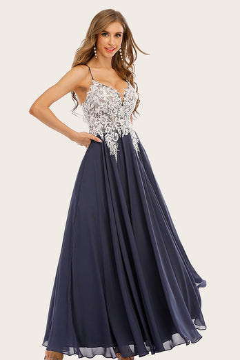 Dusty Blue Chiffon Long Prom Dress with Lace