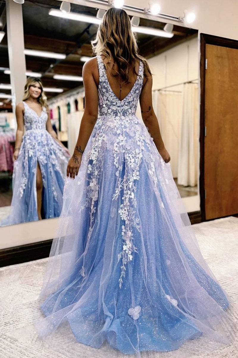 Load image into Gallery viewer, Glitter Blue Lace A-Line Long Prom Dress with Flowers and Pockets