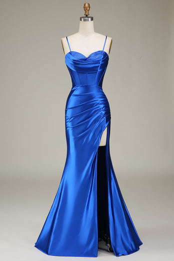 Royal Blue Mermaid Spaghetti Straps Long Prom Dress With Slit