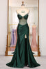 Load image into Gallery viewer, Dark Green Mermaid Satin Strapless Long Corset Prom Dress With Slit