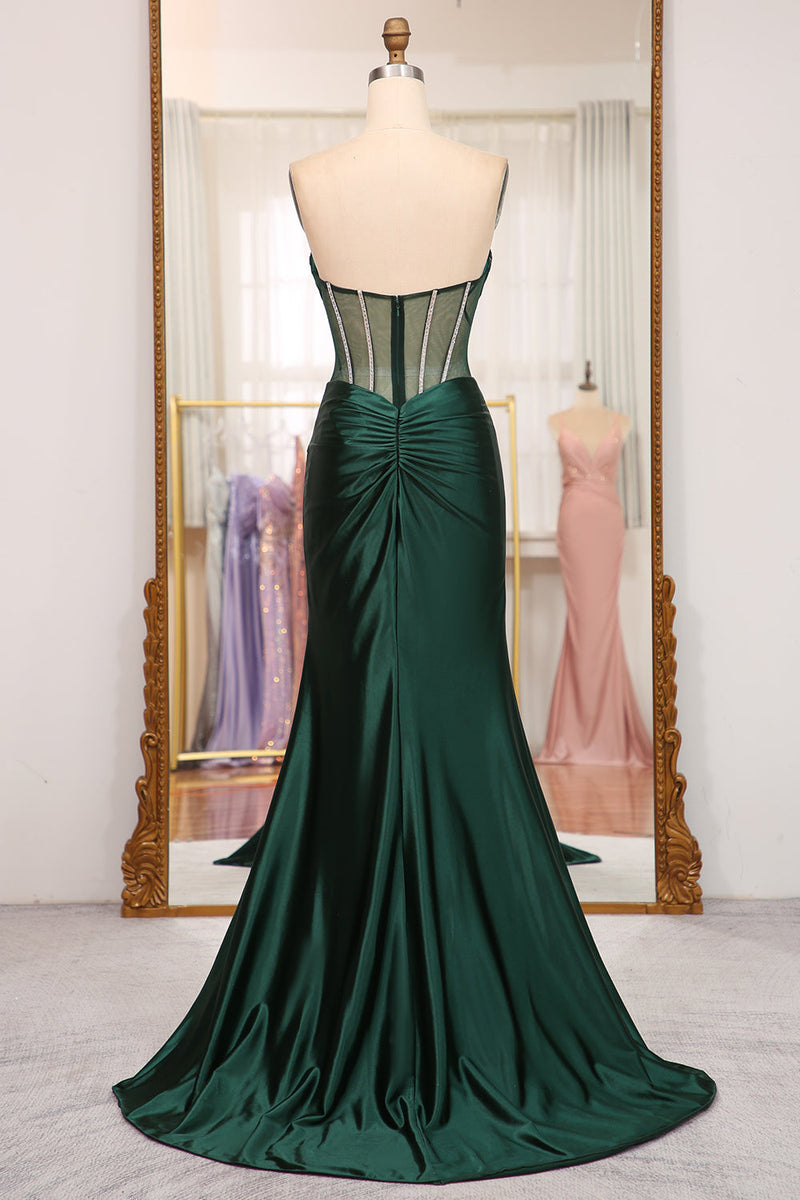 Load image into Gallery viewer, Dark Green Mermaid Satin Strapless Long Corset Prom Dress With Slit