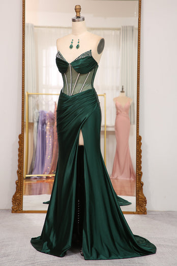 Dark Green Mermaid Satin Strapless Long Corset Prom Dress With Slit