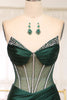 Load image into Gallery viewer, Dark Green Mermaid Satin Strapless Long Corset Prom Dress With Slit