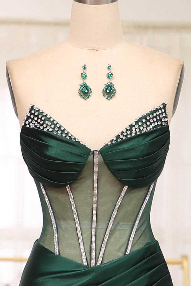 Load image into Gallery viewer, Dark Green Mermaid Satin Strapless Long Corset Prom Dress With Slit