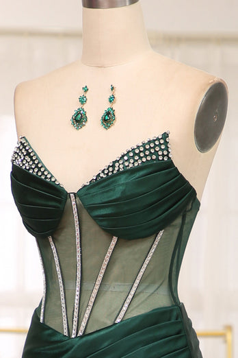 Dark Green Mermaid Satin Strapless Long Corset Prom Dress With Slit