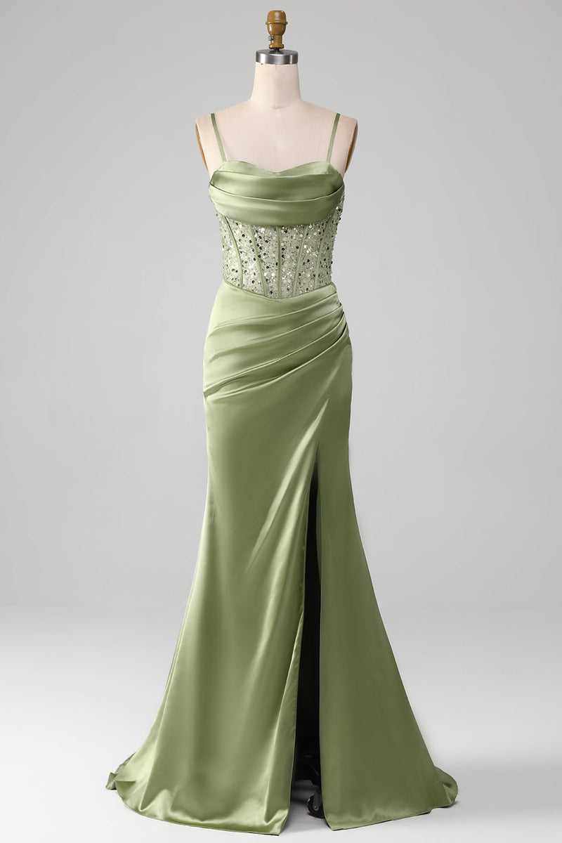 Load image into Gallery viewer, Mermaid Spaghetti Straps Sage Corset Prom Dress with Split Front