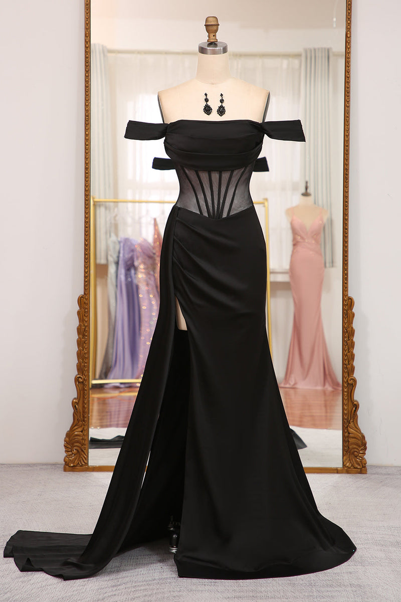 Load image into Gallery viewer, Black Mermaid Off the Shoulder Long Corset Prom Dress With Slit