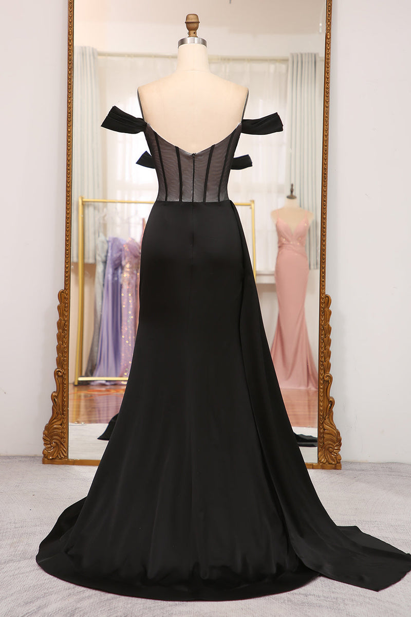 Load image into Gallery viewer, Black Mermaid Off the Shoulder Long Corset Prom Dress With Slit