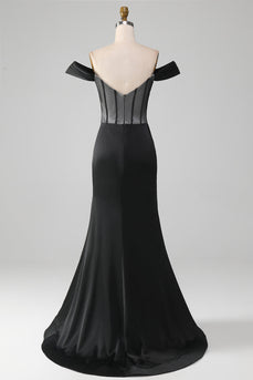 Black Off the Shoulder Satin Corset Mermaid Prom Dress with Slit