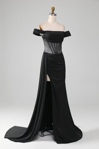 Black Off the Shoulder Satin Corset Mermaid Prom Dress with Slit