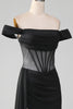 Load image into Gallery viewer, Black Off the Shoulder Satin Corset Mermaid Prom Dress with Slit