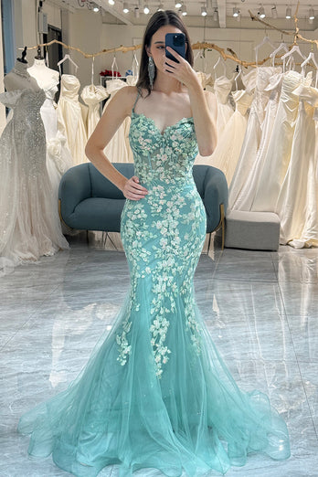 Light Green Mermaid Backless Long Corset Prom Dress With Appliques