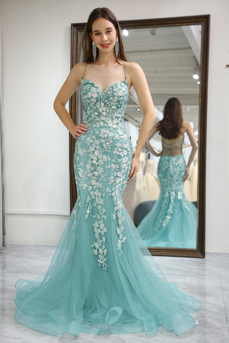 Load image into Gallery viewer, Light Green Mermaid Long Corset Prom Dress With Appliques