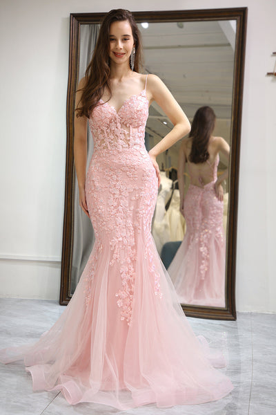 Pink Mermaid Long Corset Prom Dress With Appliques