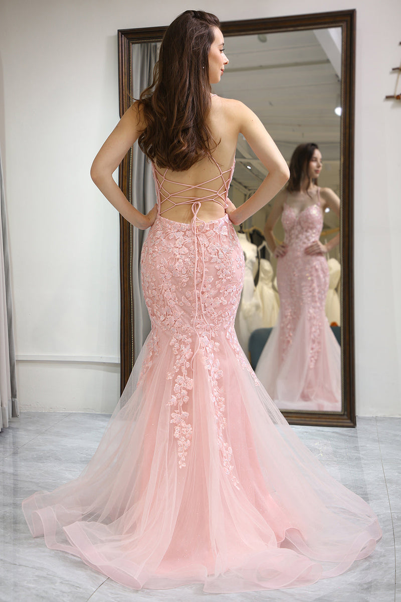 Load image into Gallery viewer, Pink Mermaid Long Corset Prom Dress With Appliques