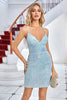 Load image into Gallery viewer, Light Blue Sparkly Tight Short Prom Dress with Lace-Up Back