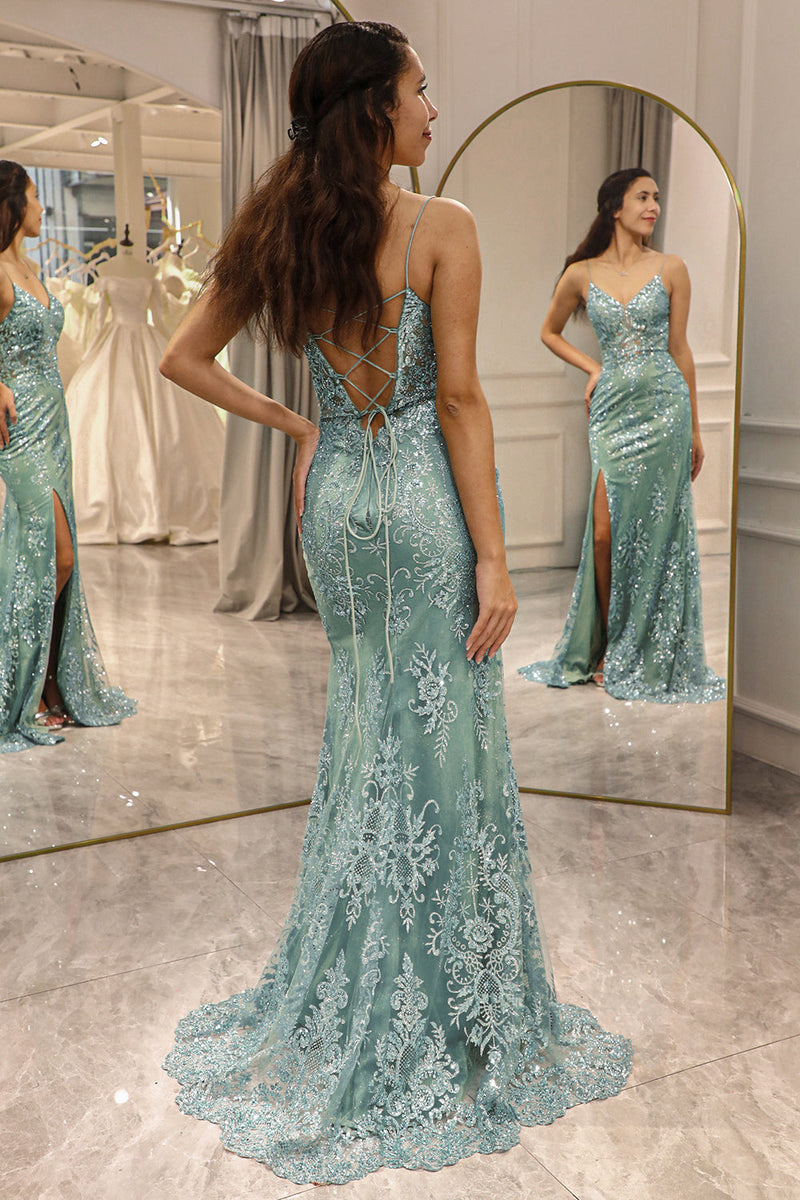 Load image into Gallery viewer, Green Mermaid Long Appliqued Prom Dress With Slit