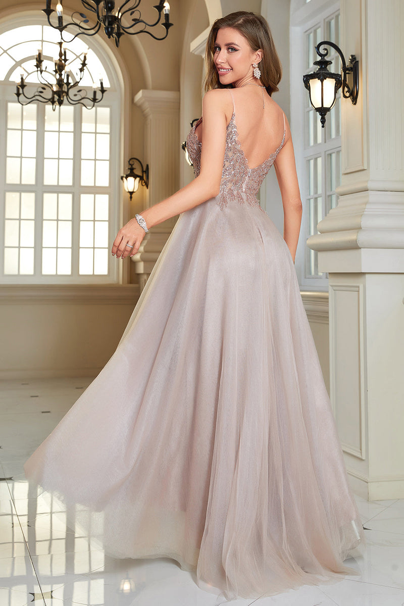 Load image into Gallery viewer, Glitter Blush A-Line Tulle Long Prom Dress with Lace