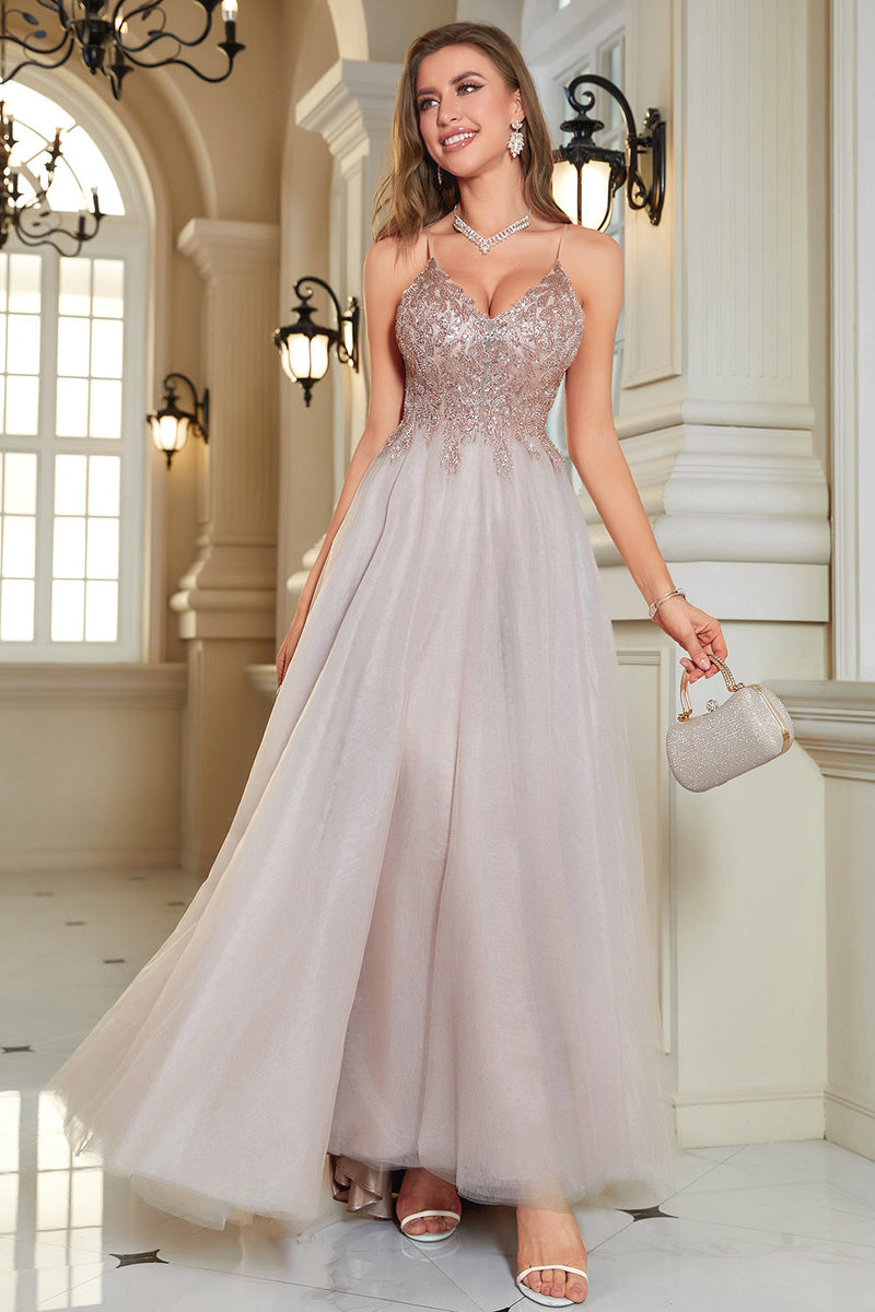 Load image into Gallery viewer, Glitter Blush A-Line Tulle Long Prom Dress with Lace