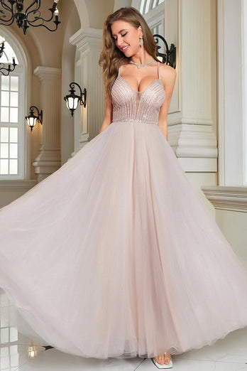 Sparkly Blush Beaded A-Line Long Formal Dress