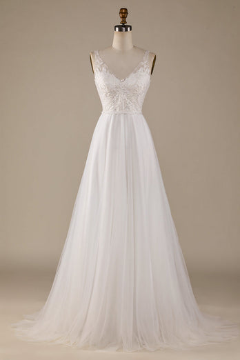 Ivory V-Neck Tulle Sweep Train Wedding Dress with Lace