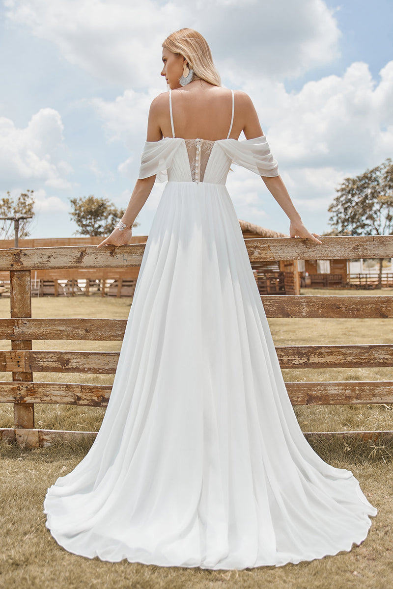 Load image into Gallery viewer, Off The Shoulder Ivory Boho Chiffon Ruched A Line Wedding Dress