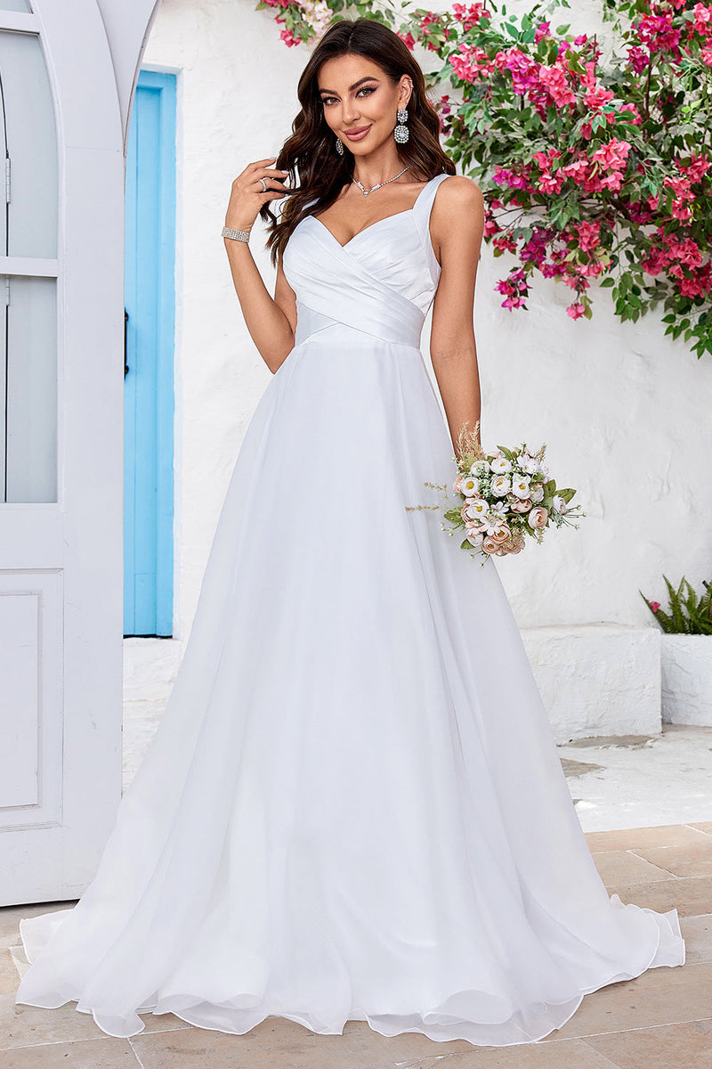 Load image into Gallery viewer, Simple Ivory Organza Scoop Neck Sweep Train A Line Wedding Dress